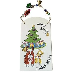 VTG Stone Carb paint Cat and Dog Jingle Bell Holliday Christmas Hanging Decor
